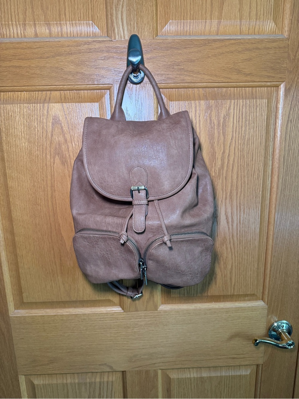 MMS Brown Faux Leather Backpack Drawstring Buckle Bag